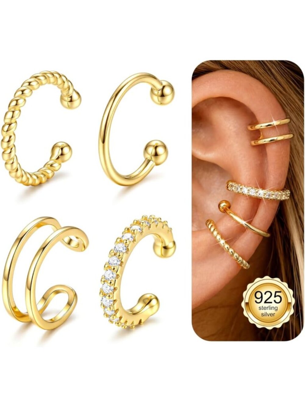 Stylish 925 Sterling Silver Ear Cuffs - 14K Gold Plated Adjustable Non-Pierced